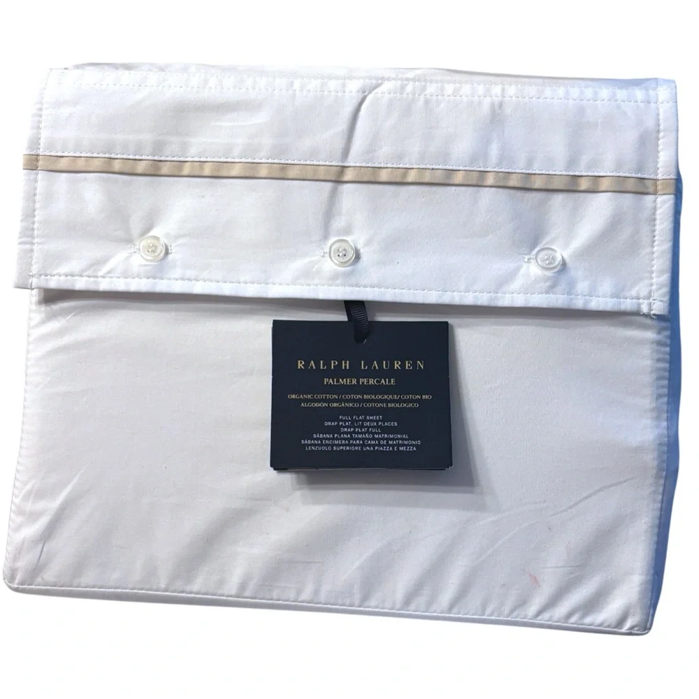 Ralph Lauren Palmer Organic Cotton Percale Full Flat Sheet 464TC Sand Dune Trim
